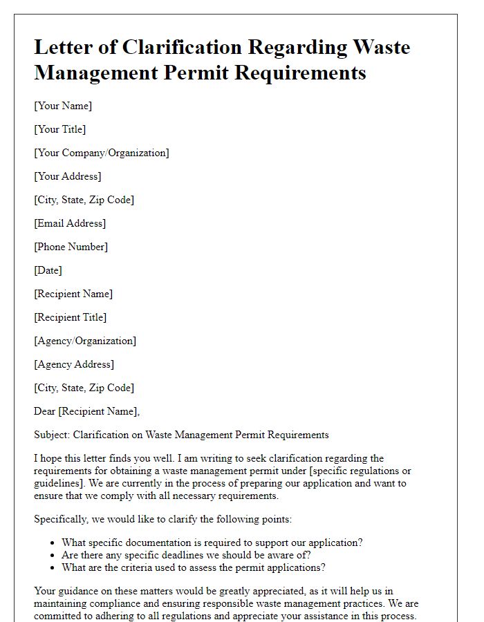 Letter template of clarification regarding waste management permit requirements