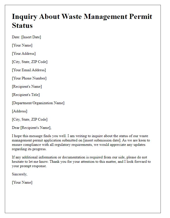 Letter template of inquiry about waste management permit status