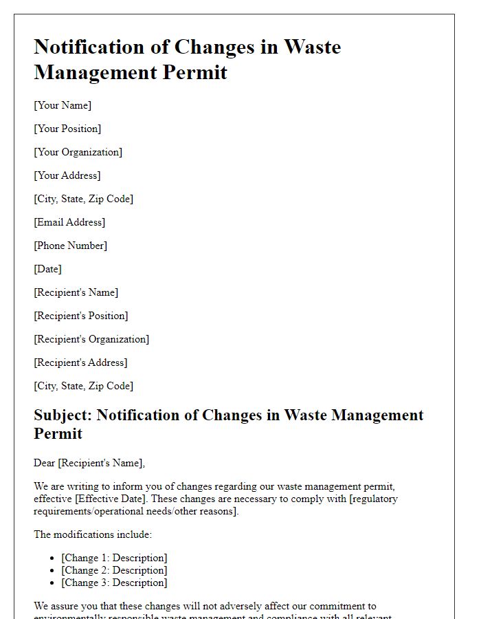 Letter template of notification for changes in waste management permit