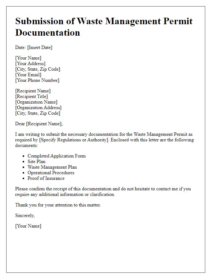 Letter template of submission of waste management permit documentation