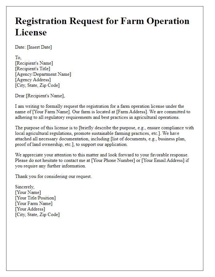 Letter template of registration request for farm operation license