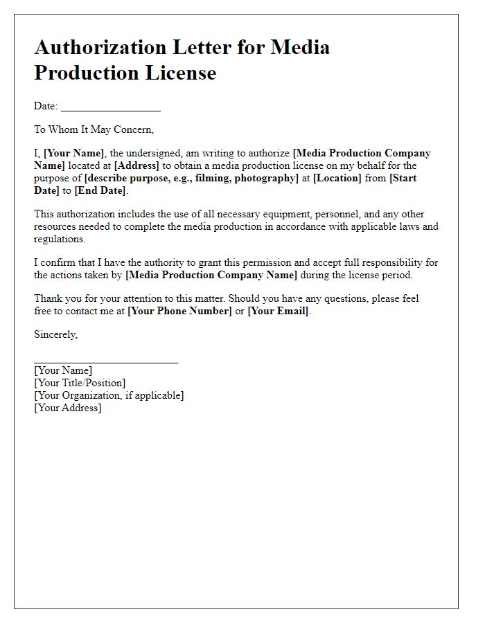 Letter template of authorization for media production license