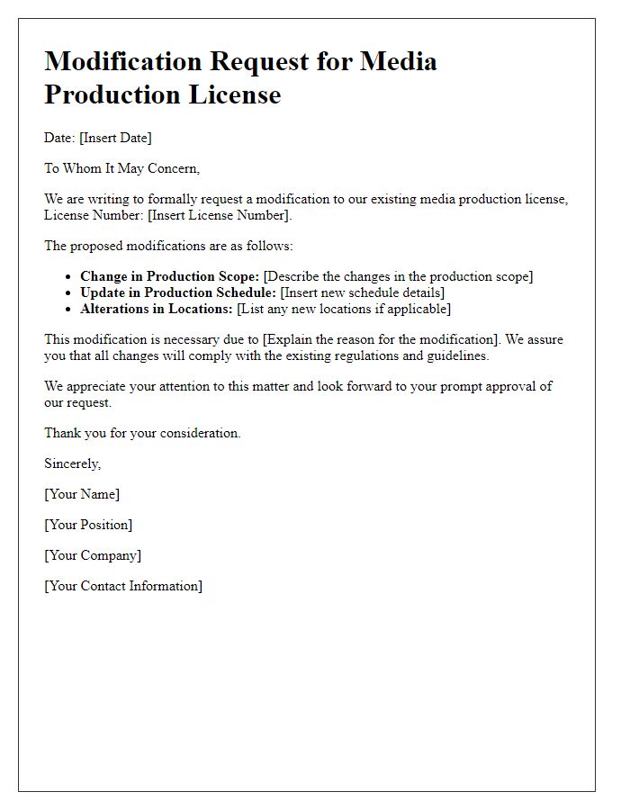 Letter template of modification for media production license