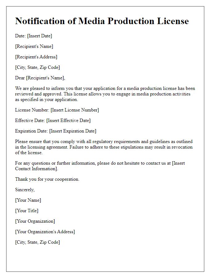 Letter template of notification for media production license