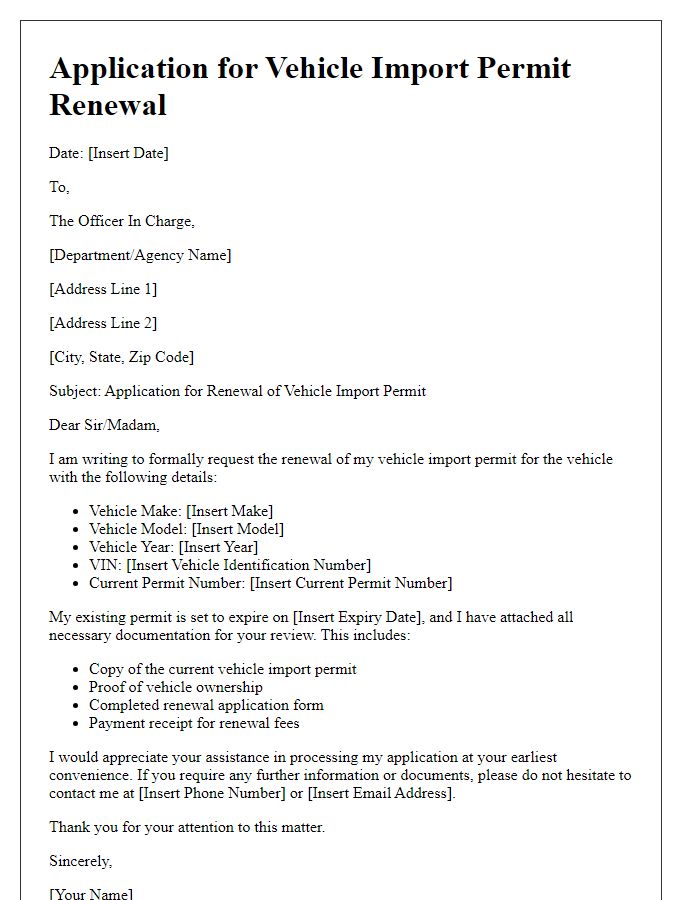 Letter template of application for vehicle import permit renewal