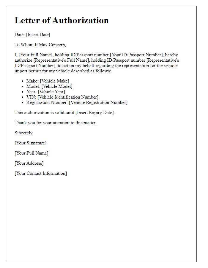 Letter template of authorization for vehicle import permit representation