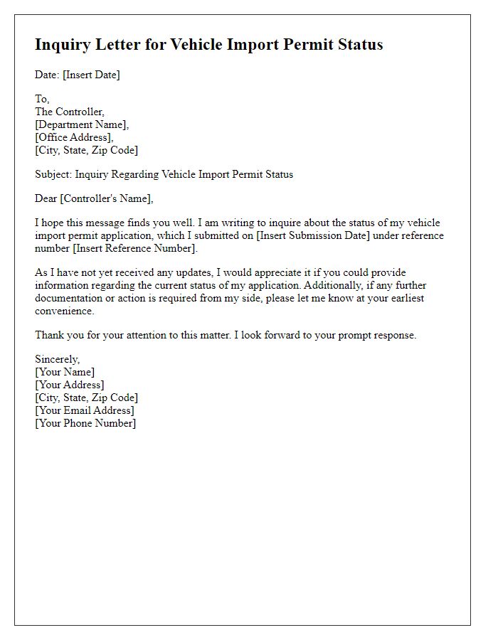 Letter template of inquiry for vehicle import permit status