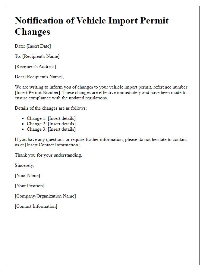 Letter template of notification for vehicle import permit changes