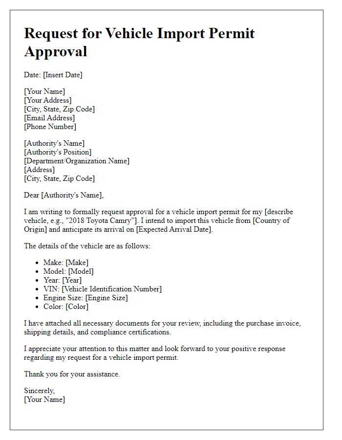 Letter template of request for vehicle import permit approval