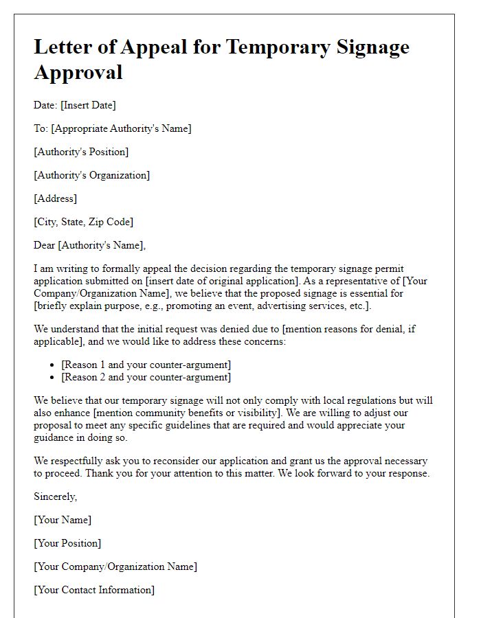 Letter template of appeal for temporary signage approval