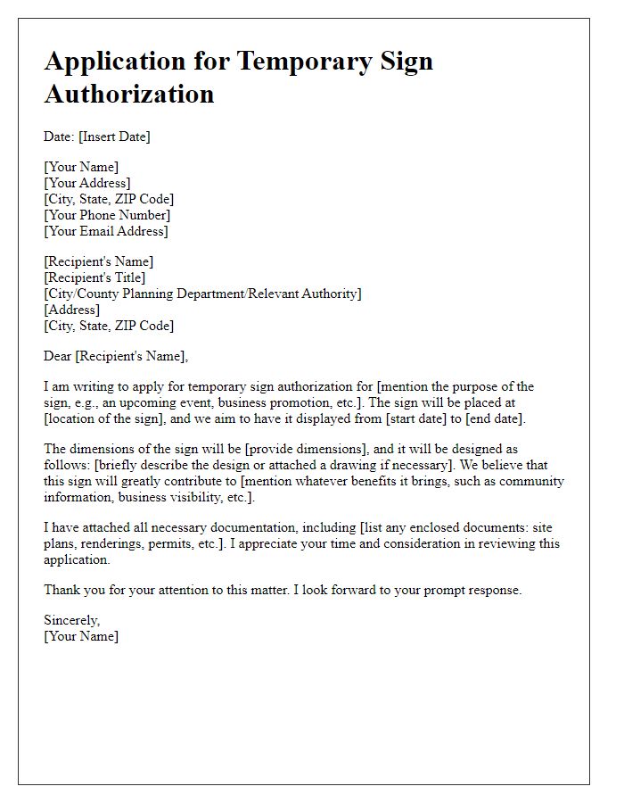 Letter template of application for temporary sign authorization