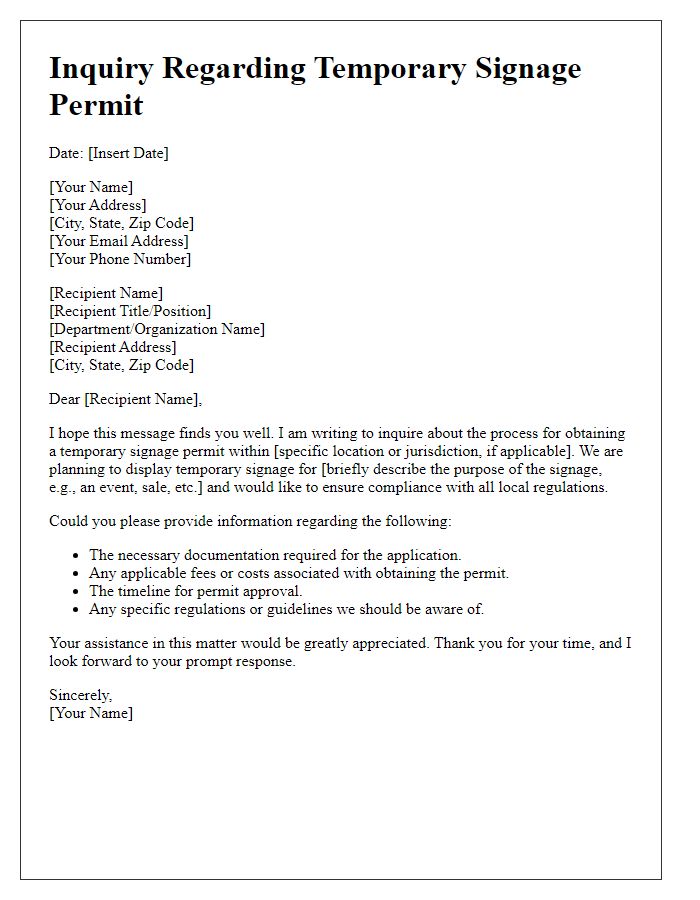 Letter template of inquiry regarding temporary signage permit