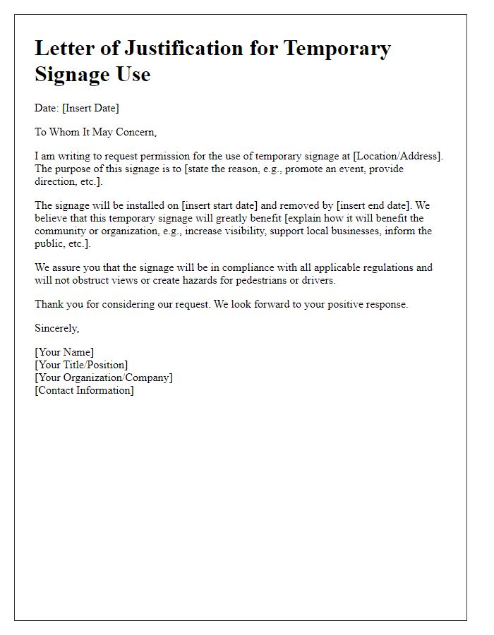 Letter template of justification for temporary signage use