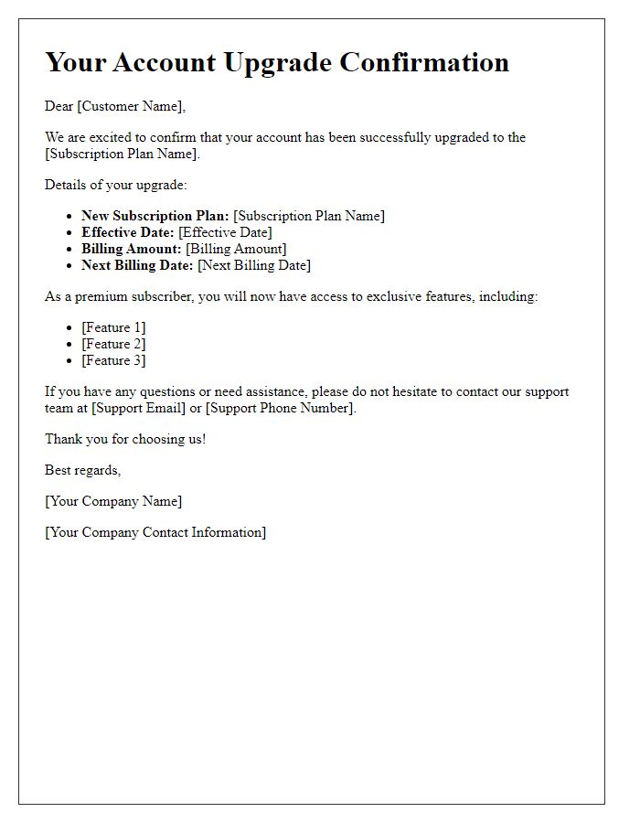 Letter template of account upgrade confirmation for subscription plans.