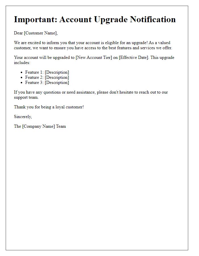 Letter template of account upgrade notification for existing customers.