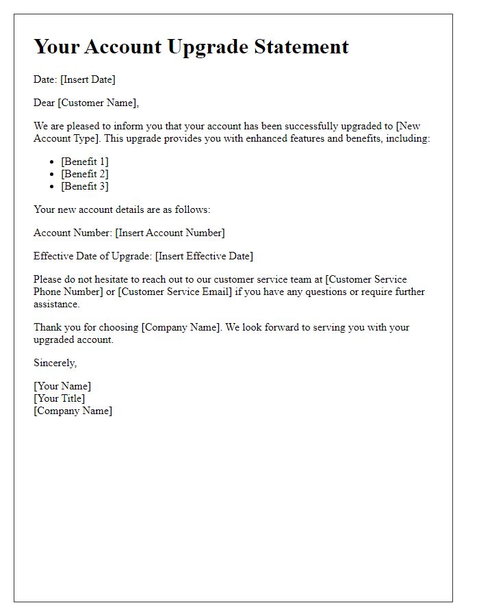 Letter template of account upgrade statement for financial services.