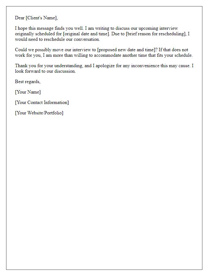 Letter template of freelance client interview rescheduling.