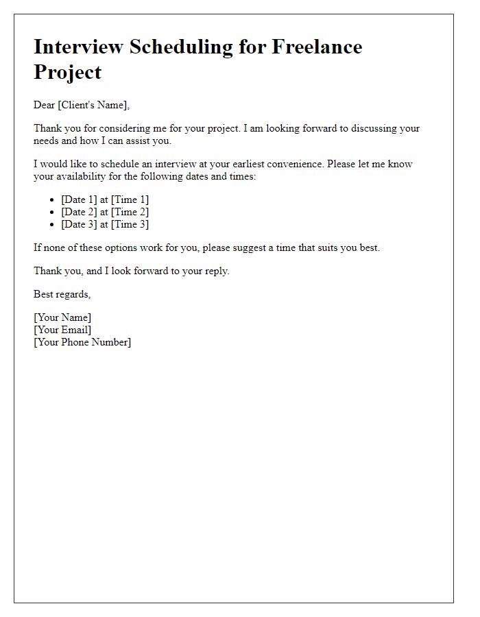 Letter template of freelance client interview scheduling.
