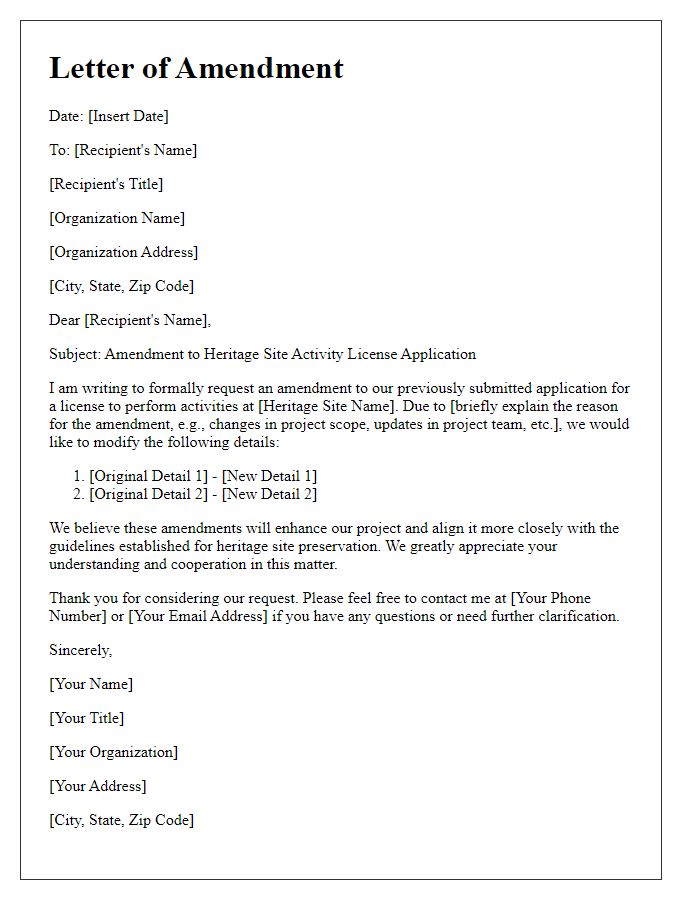 Letter template of amendment to heritage site activity license application.