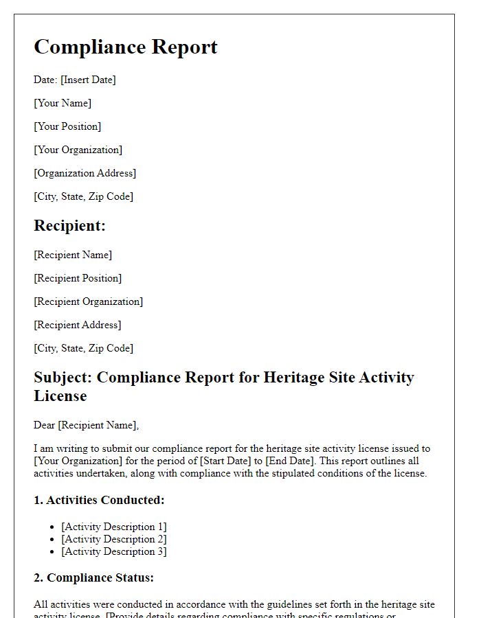 Letter template of compliance report for heritage site activity license.