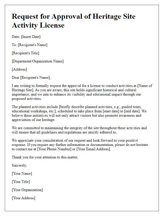 Letter template of request for approval of heritage site activity license.