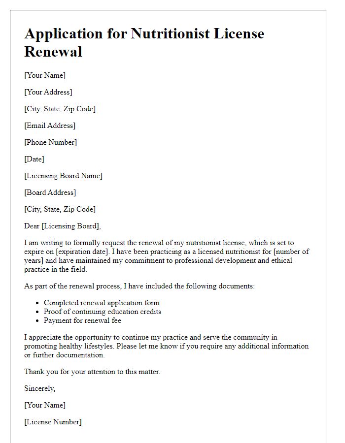 Letter template of application for nutritionist license renewal