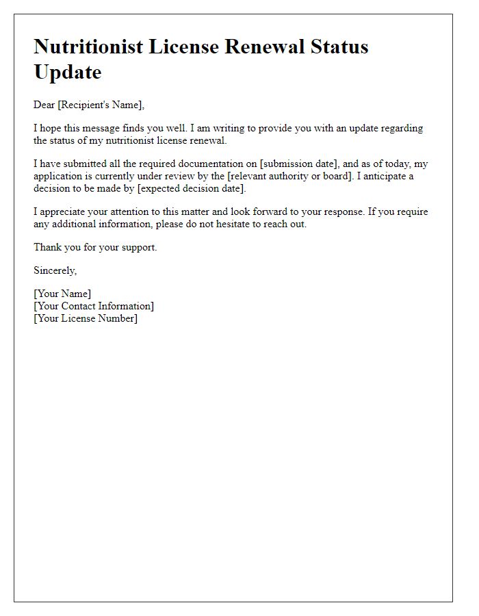 Letter template of nutritionist license renewal status update