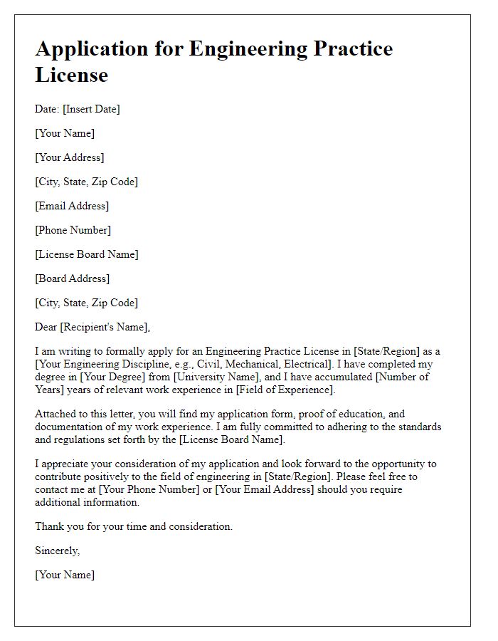 Letter template of application for engineering practice license