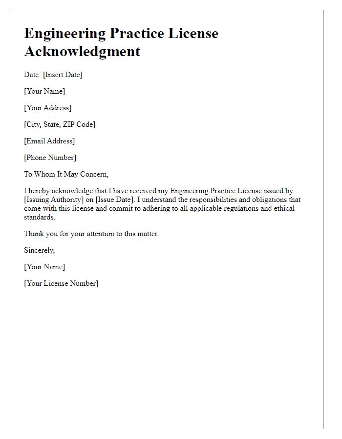 Letter template of engineering practice license acknowledgment