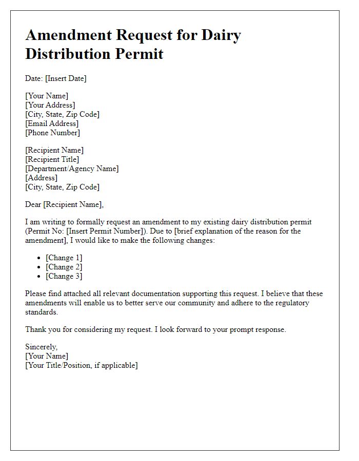 Letter template of amendment request for dairy distribution permit