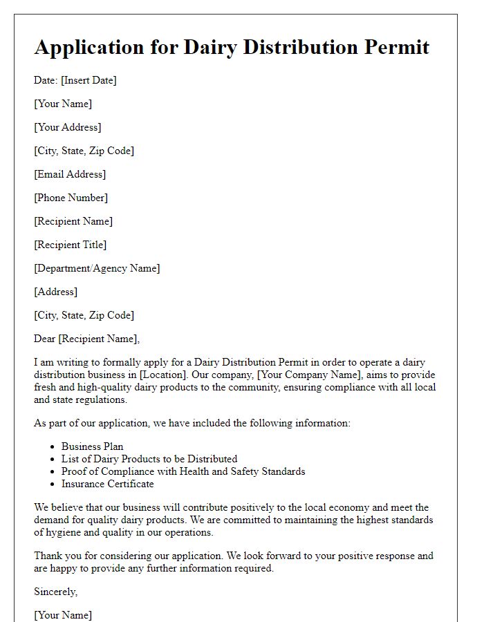 Letter template of application for dairy distribution permit