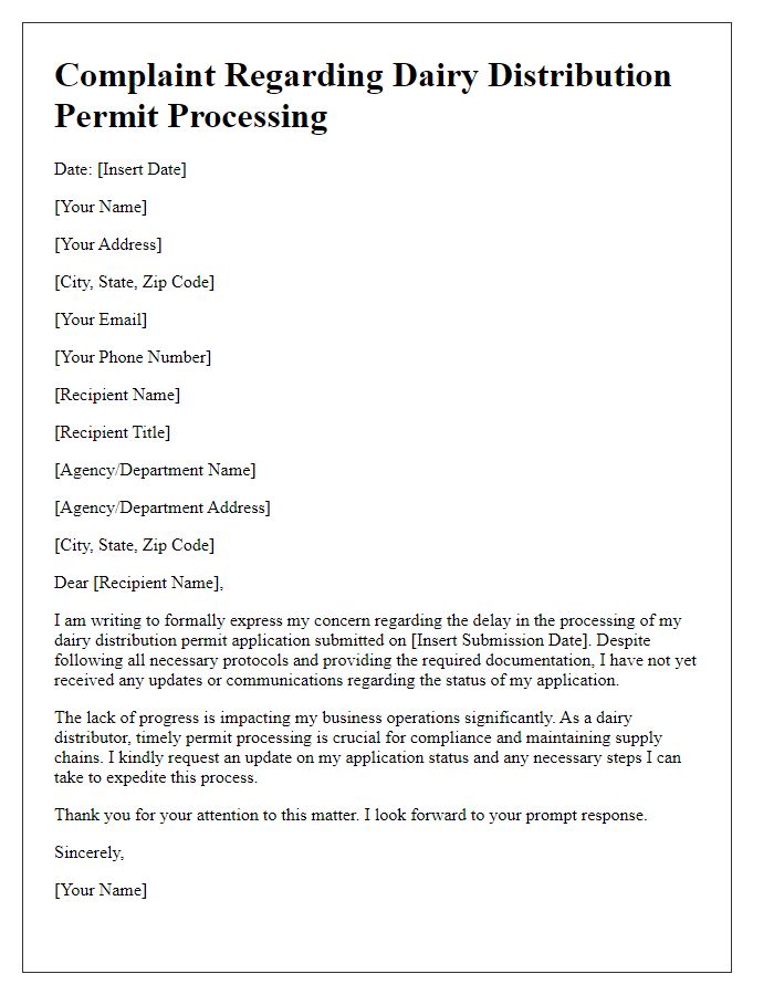 Letter template of complaint regarding dairy distribution permit processing