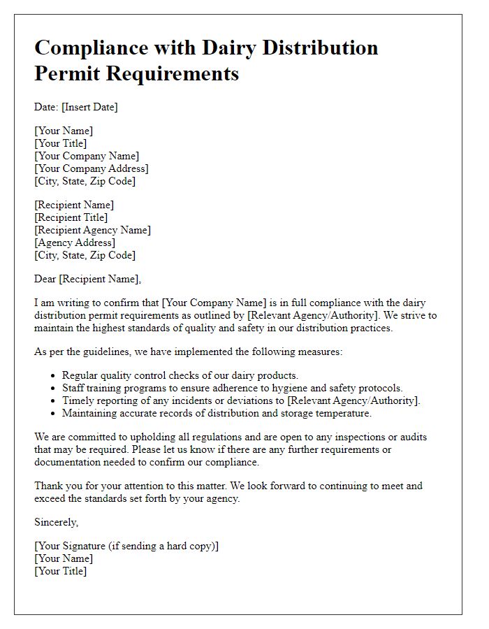 Letter template of compliance with dairy distribution permit requirements