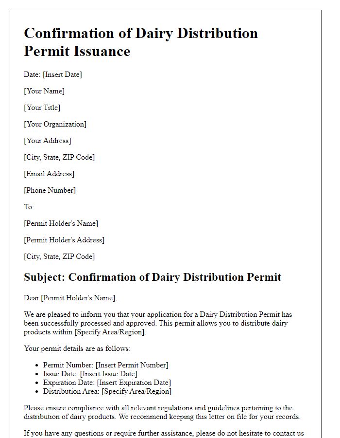 Letter template of confirmation for dairy distribution permit issuance