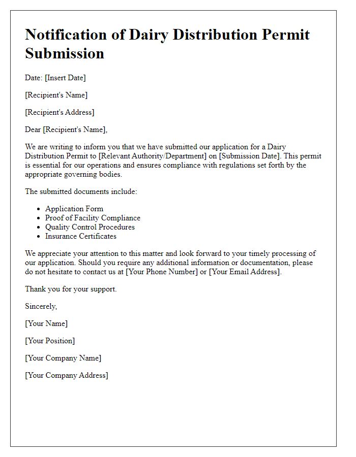 Letter template of notification for dairy distribution permit submission