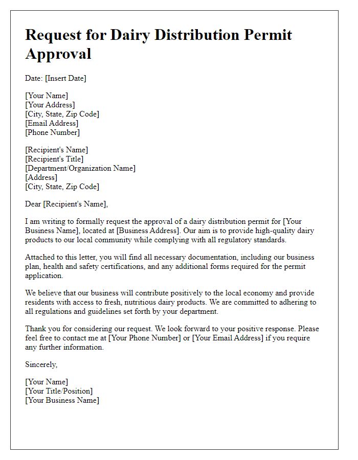 Letter template of request for dairy distribution permit approval