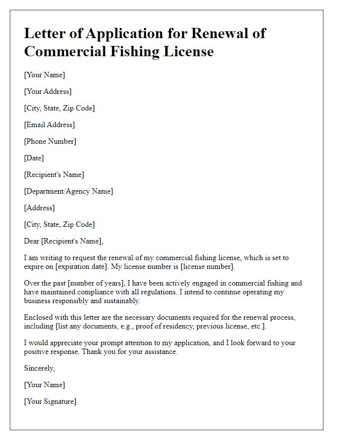 Letter template of application for renewing commercial fishing license