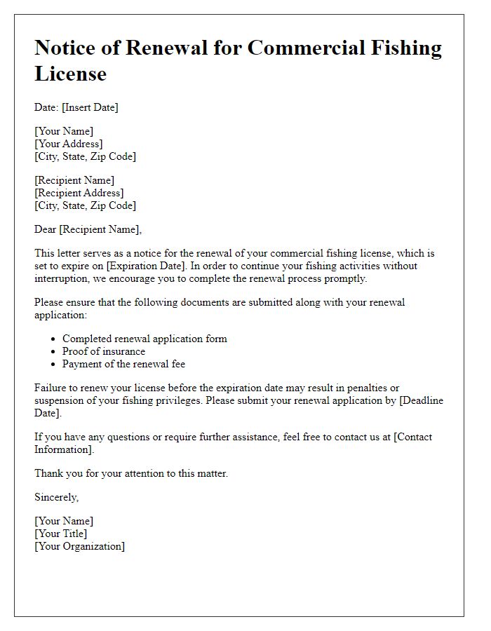 Letter template of notice for commercial fishing license renewal