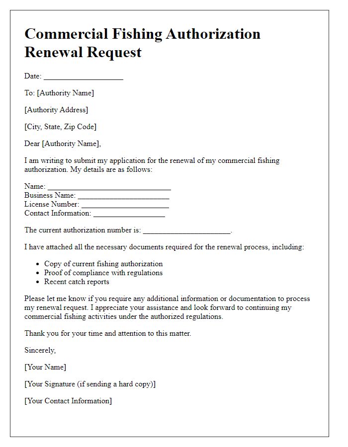 Letter template of renewal form for commercial fishing authorization