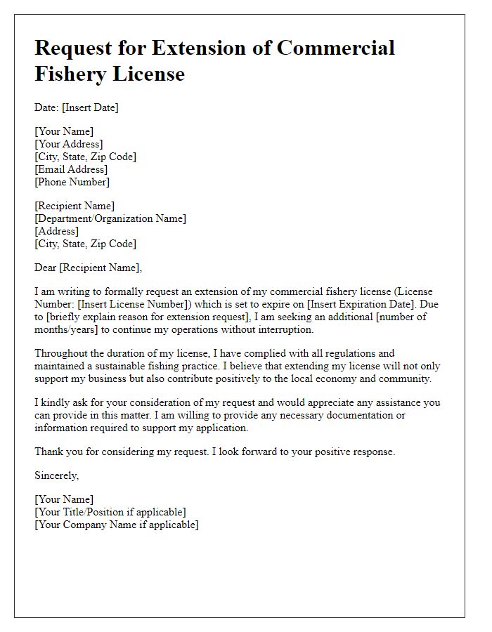 Letter template of request for commercial fishery license extension