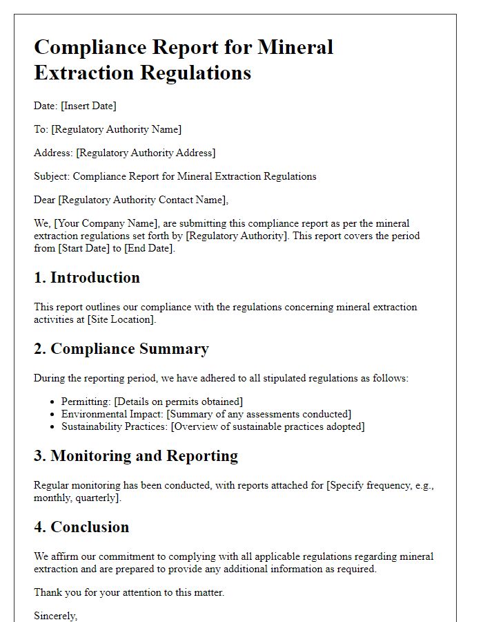 Letter template of compliance report for mineral extraction regulations