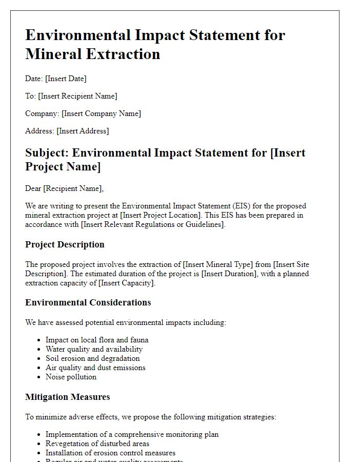 Letter template of environmental impact statement for mineral extraction