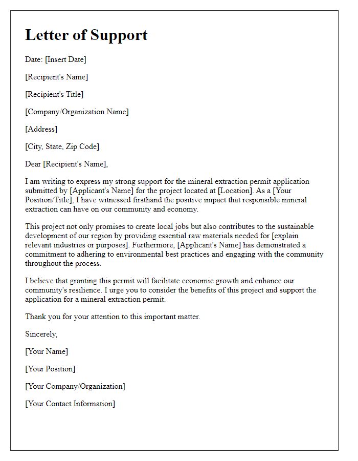 Letter template of support for mineral extraction permit application