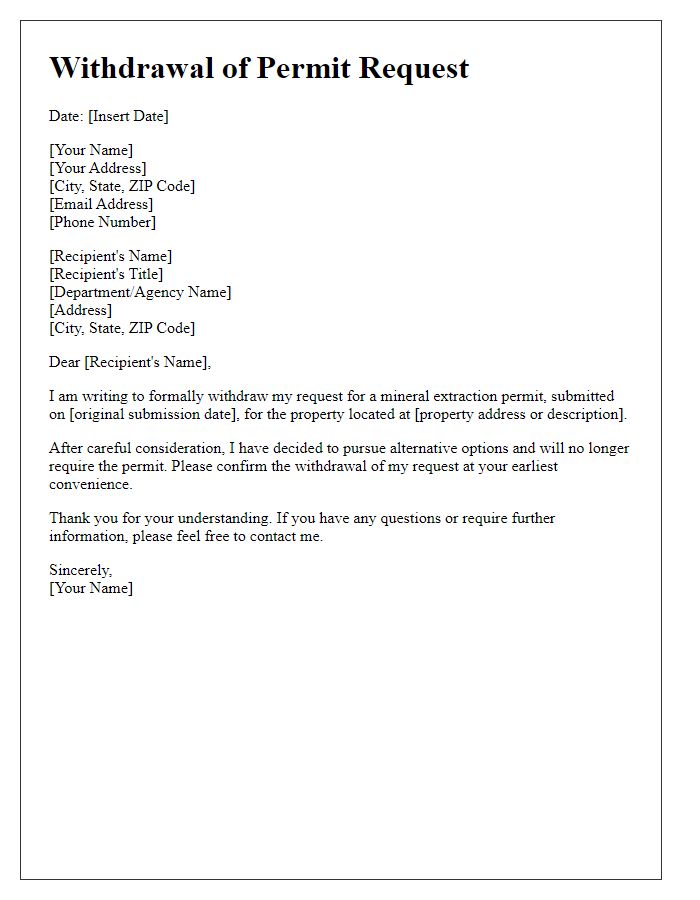 Letter template of withdrawal of mineral extraction permit request