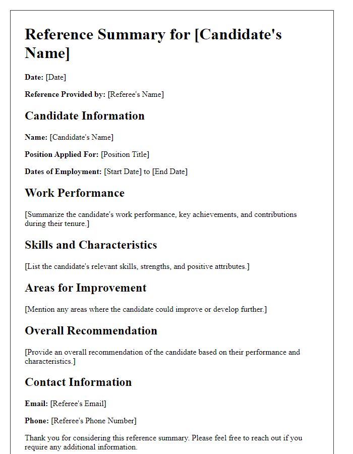 Letter template of job candidate reference summary