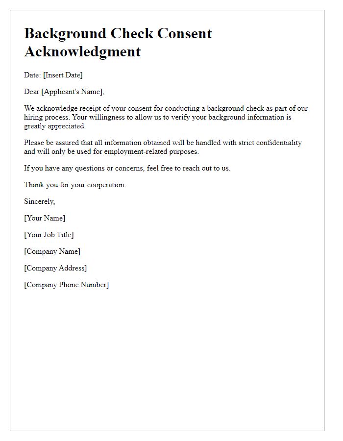 Letter template of Acknowledgment for Background Check Consent