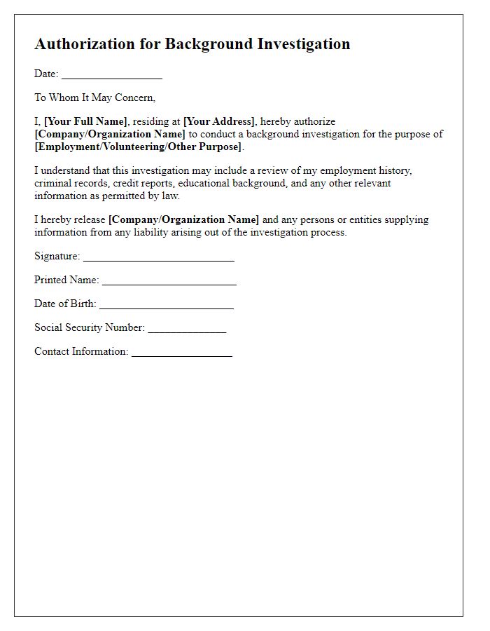 Letter template of Authorization for Background Investigation