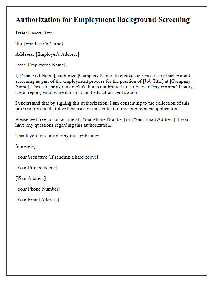 Letter template of Authorization for Employment Background Screening