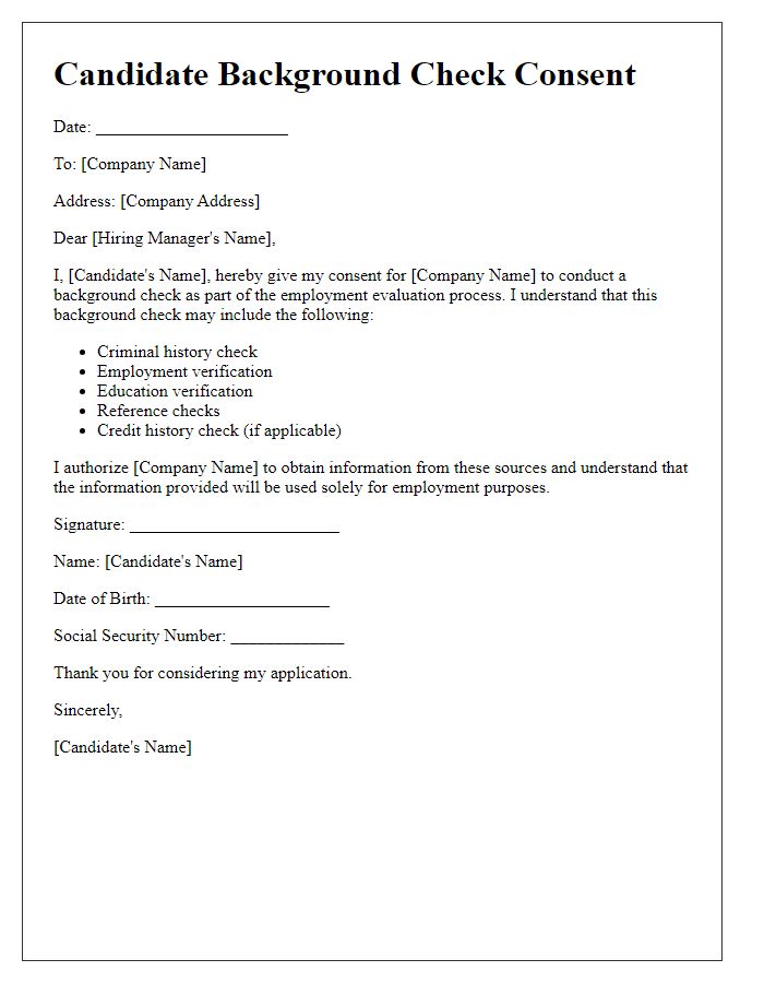 Letter template of Candidate Background Check Consent