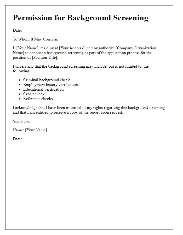 Letter template of Permission for Background Screening